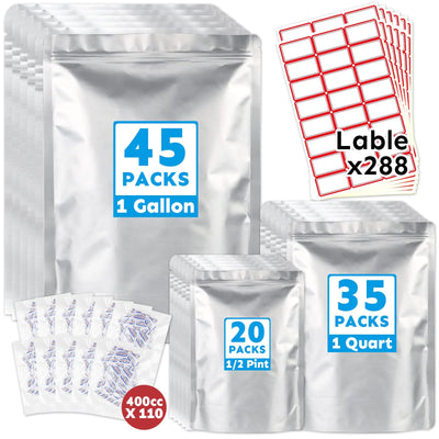 Collection of labeled mylar bags with quantity indicators on a white background