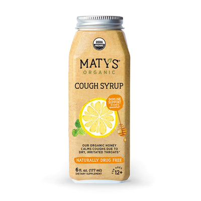 Maty's Organic Cough Syrup bottle with lemon and honey illustration on a white background