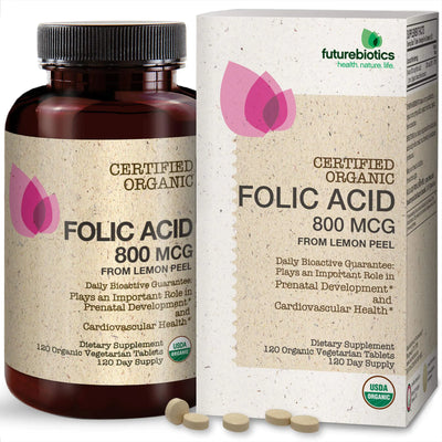 Bottle and box of Certified Organic Folic Acid 800 MCG supplement from Futurebiotics.