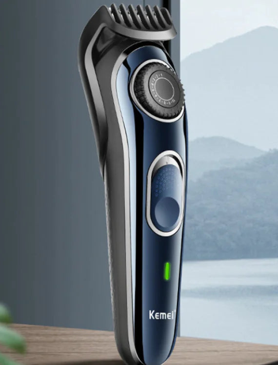 Kemei electric shaver on a surface with a blurred natural background