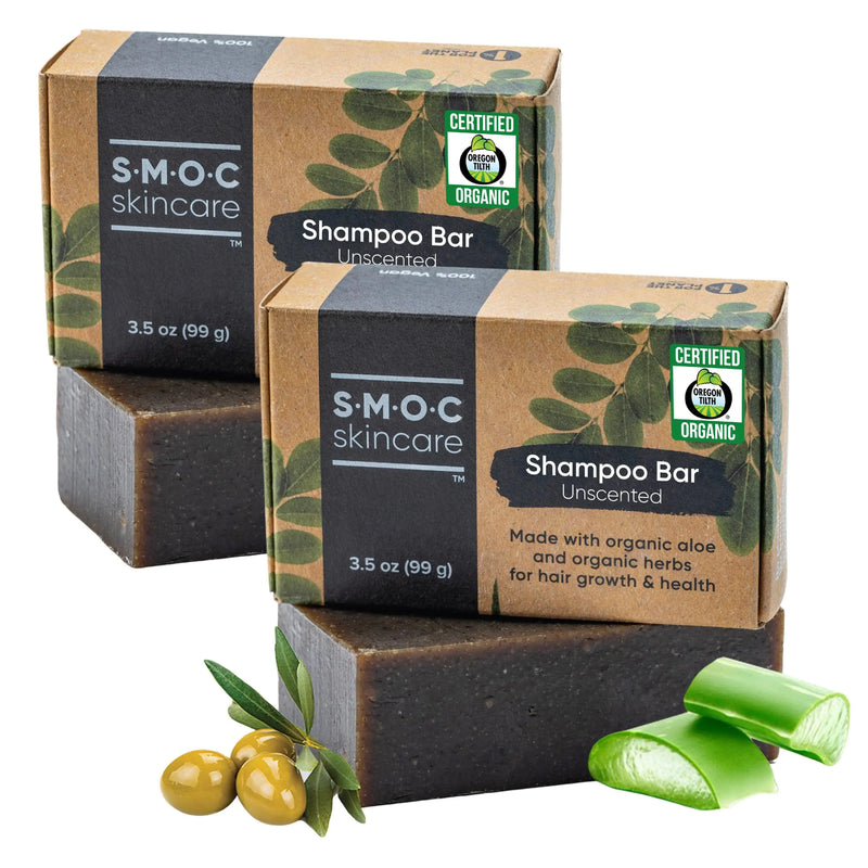 S-M-O-C skincare shampoo bars with packaging on a white background