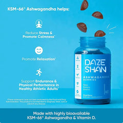 Daze Shan Ashwagandha gummies bottle with benefits listed on a blue background