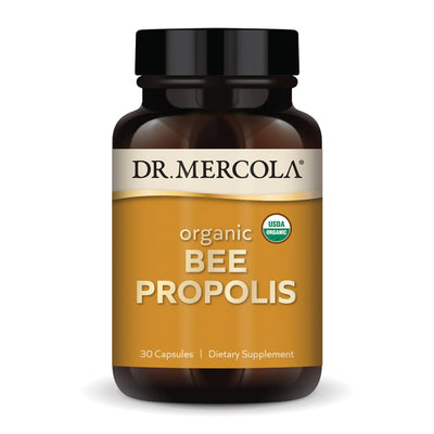 Dr. Mercola organic bee propolis supplement bottle on a white background