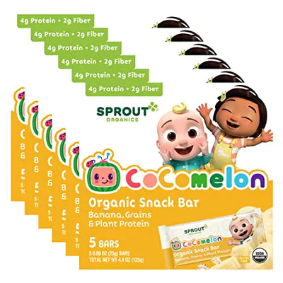 Sprout Organics Cocomelon organic snack bar packaging with cartoon characters on a white background