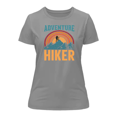 Gray t-shirt with 'Adventure Hiker' graphic design on a white background
