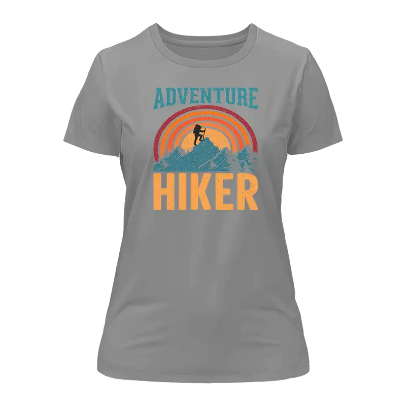 Gray t-shirt with 'Adventure Hiker' graphic design on a white background