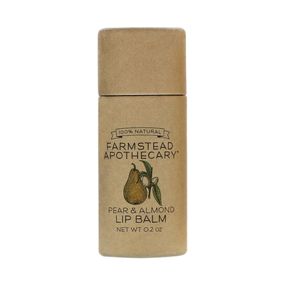 Farmstead Apothecary pear and almond lip balm packaging on a white background