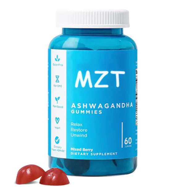 Blue bottle of MZT Ashwagandha Gummies with red gummies on a white background