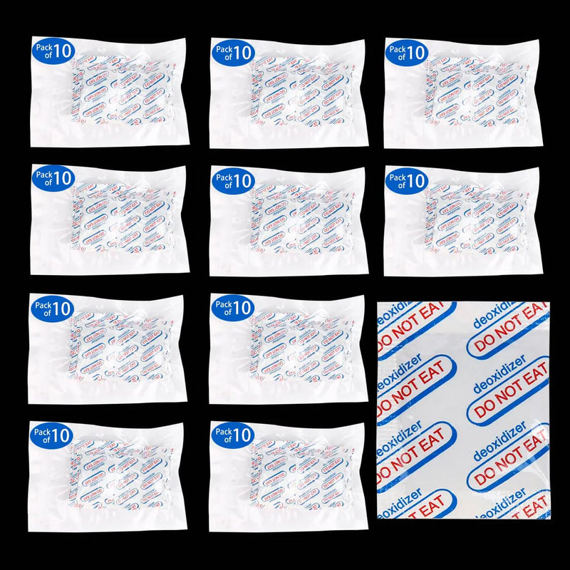 Multiple packages of deoxidizer with visible text on a black background