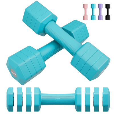 Turquoise dumbbells with detachable weights on a white background