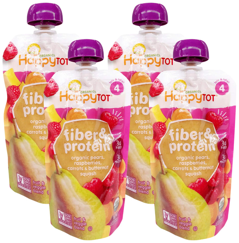 Happy Tot Organics Baby Food Fibre Protein Peer Raspberry Squash Organic 4 Ounce (Pack of 4)
