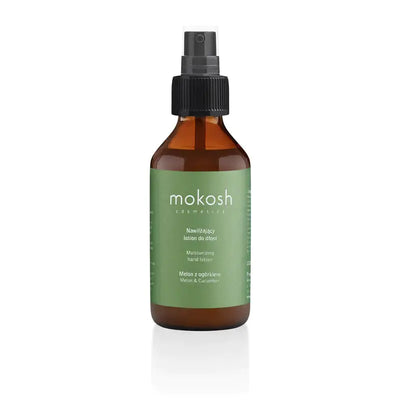 Mokosh cosmetic bottle with green label on a white background