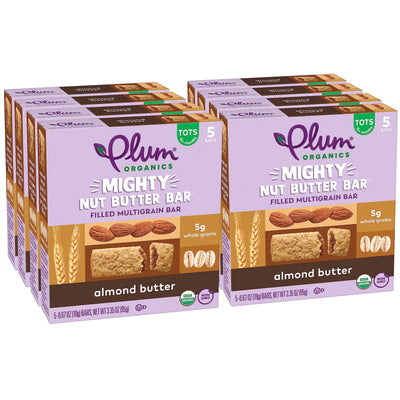 Plum Organics Mighty Nut Butter Bar packaging with almond butter flavor on a white background