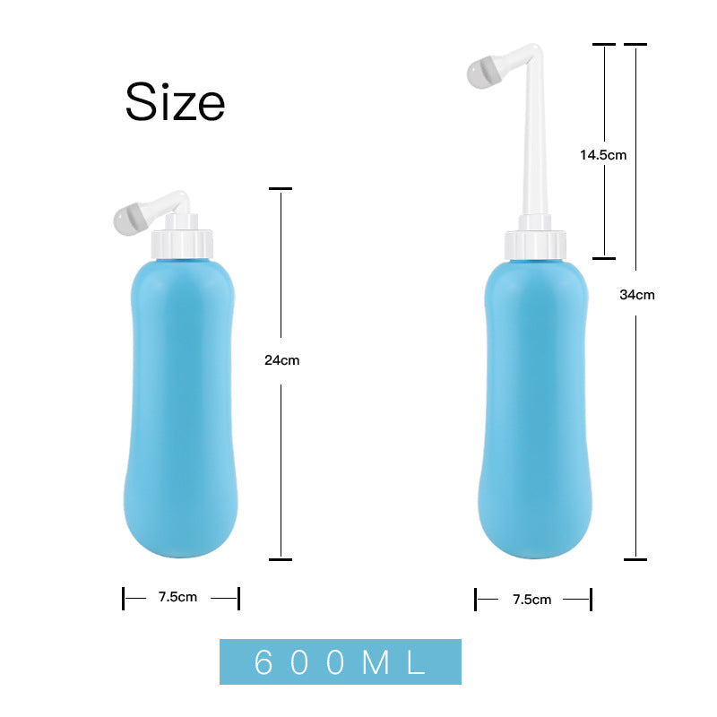 Blue Portable bidet with measurements on a white background