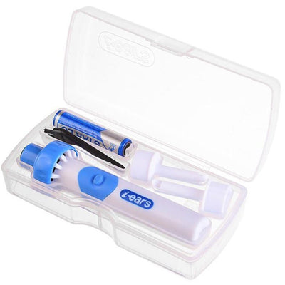 Lears ear cleaning kit with two tubes, a brush, and an applicator in a clear case on a white background.