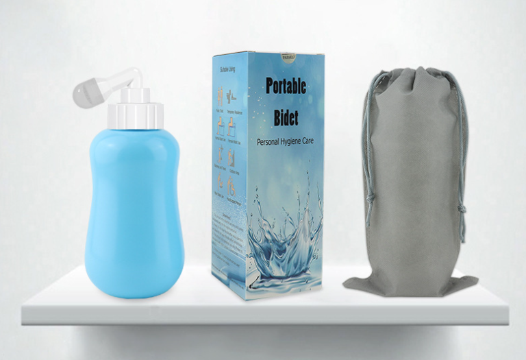 Portable bidet with packaging and carrying case on a white background