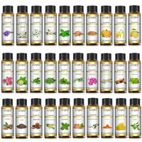 Three rows of essential oils with colorful labels