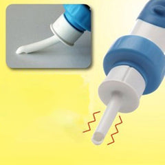 Blue and white ear canal aspirator on a yellow background