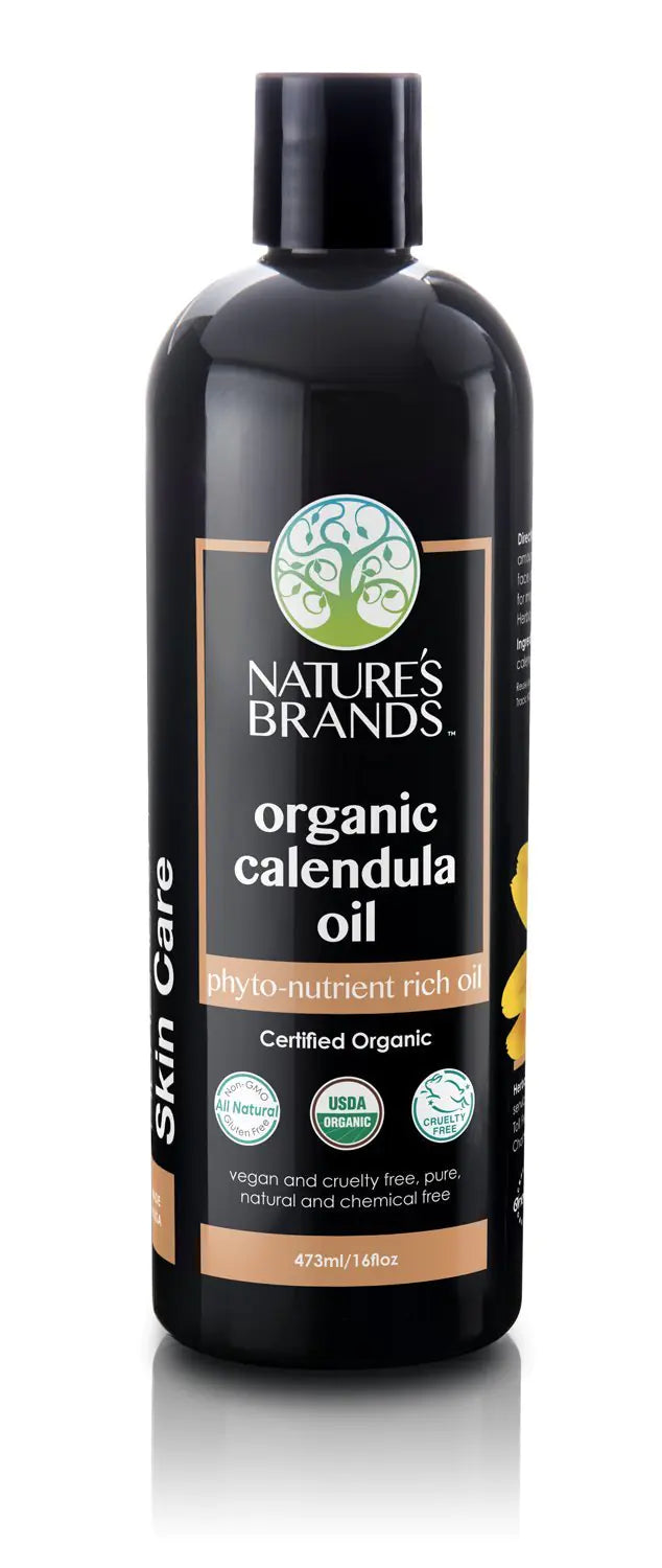Nature's Brands organic calendula oil bottle on a white background