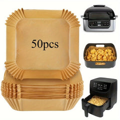 Stack of paper trays with '50pcs' text, air fryer, and basket of food.