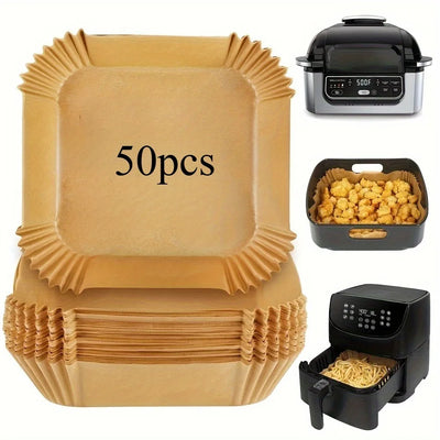 Stack of paper trays with '50pcs' text, air fryer, and basket of food.