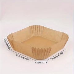 Square beige paper aire fryer basket  liner with dimensions on a white background