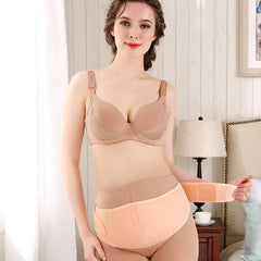 Peach maternity waist support belt with multiple straps modeled by a pregnant woman