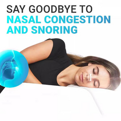 Woman using a nasal congestion and snoring device with text 'Say Goodbye to Nasal Congestion and Snoring' on a white background.