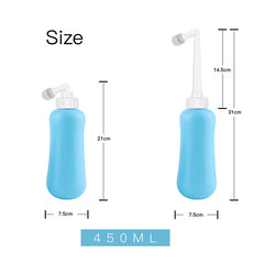 Measurement chart of a blue Portable bidet with dimensions on a white background