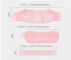 Measurement chart of a pink waist maternity support belt with dimensions labeled.