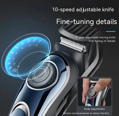 Shaving machine with adjustable knife system and user instruction on a dark background