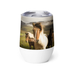 Tumbler with a design of three horses in a field on a white background