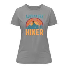 Gray t-shirt with 'Adventure Hiker' graphic design on a white background
