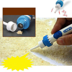 Cleaning tool with blue and white design being used on a surface, with close-up inset showing cleaning action.