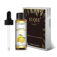 EUQEE lemon essential oil bottle with dropper and packaging on a white background