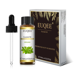 EUQEE oregano essential oil bottle with dropper and packaging on a white background