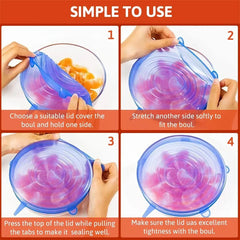 Step-by-step guide on how to use a silicone lid with a bowl.
