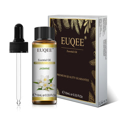 EUQEE essential oil bottle with dropper and packaging on a white background