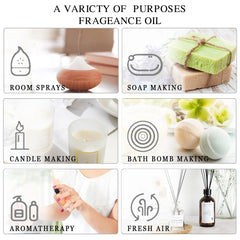 Various uses of fragrance oil including room sprays, soap making, candle making, bath bomb making, aromatherapy, and fresh air.