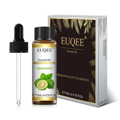 EUQEE essential oil bottle with dropper and packaging on a white background