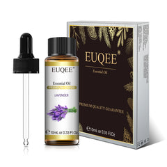 EUQEE essential oil bottle with dropper and packaging on a white background