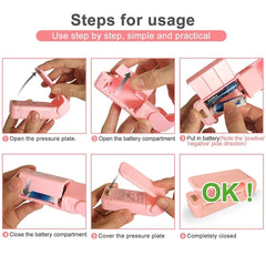Step-by-step guide on how to use a pink  resealing device with images of hands performing each step.