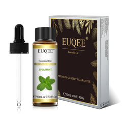 EUQEE essential oil bottle with dropper and packaging on a white background