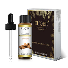 EUQEE cinnamon essential oil bottle with dropper and packaging on a white background