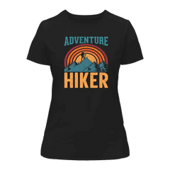 Black t-shirt with 'Adventure Hiker' graphic design on a white background