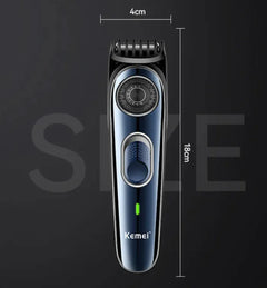 Kemei beard trimmer with dimensions on a dark background