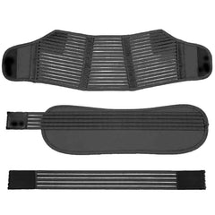 Black maternity waist support belt with multiple straps on a white background