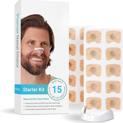 Nasal strip starter kit with packaging showing a man wearing a strip and nasal strips on a stand.