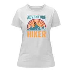 White t-shirt with 'Adventure Hiker' graphic design on a white background