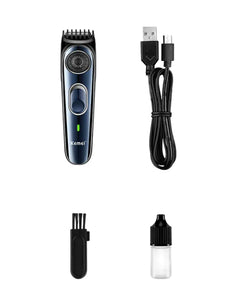 Kemei hair trimmer set with USB cable, case, and oil on a white background